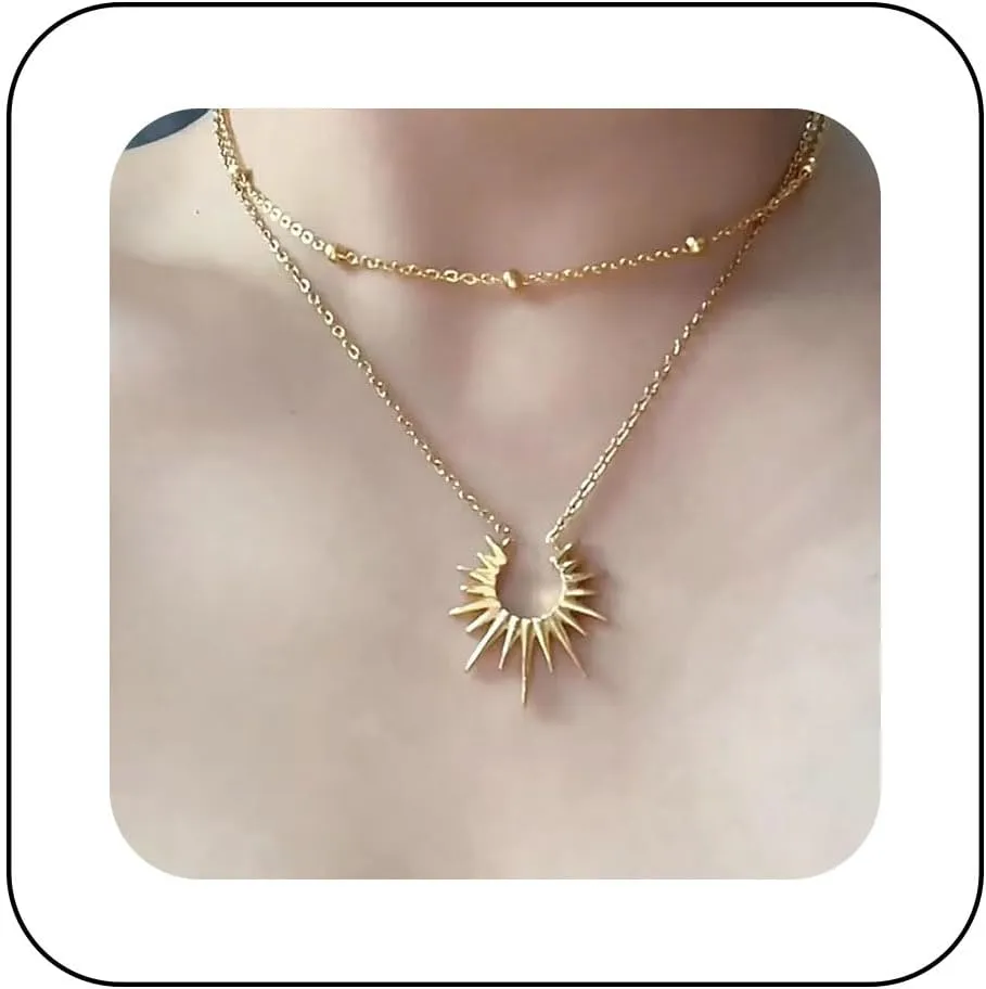 Gothic Layered Spikes Rivets Choker Necklace Gold Sunburst Pendant Necklace Rising Sun Collar Necklace Sunburst Satellite Chain Necklace Jewelry for Women