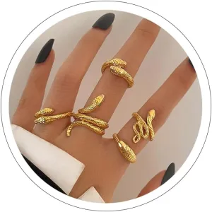 Gothic Snake Rings Set - Silver & Gold Statement Stacking Rings for Women - Adjustable Punk & Halloween Occasion