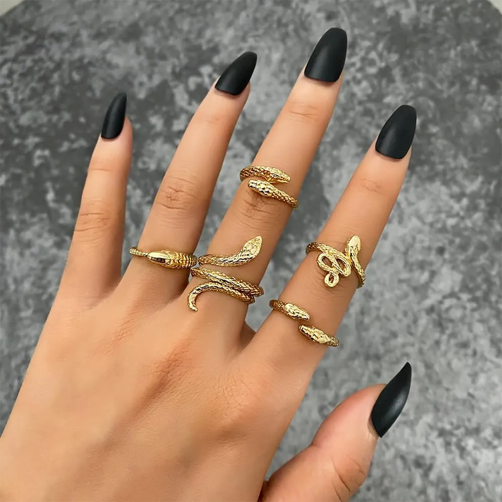 Gothic Snake Rings Set - Silver & Gold Statement Stacking Rings for Women - Adjustable Punk & Halloween Occasion