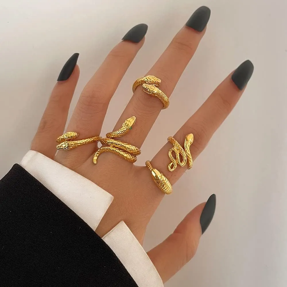 Gothic Snake Rings Set - Silver & Gold Statement Stacking Rings for Women - Adjustable Punk & Halloween Occasion