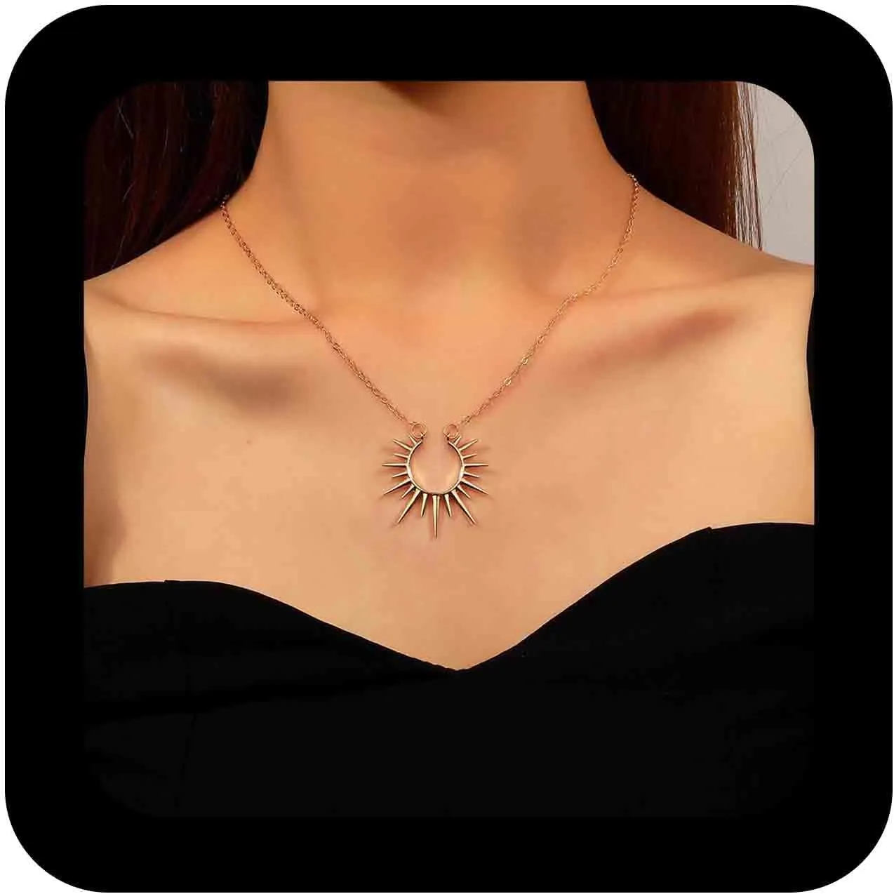 Gothic Spikes Rivets Choker Necklace Gold Sunburst Pendant Necklace Rising Sun Choker Necklace Vintage Sunburst Collar Necklace Jewelry for Women