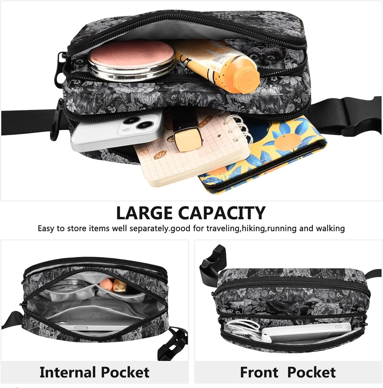 Grey Floral Black Cats Women Fanny Pack Waterproof Belt Bag Hip Pouch Funky Travel Waist Bag