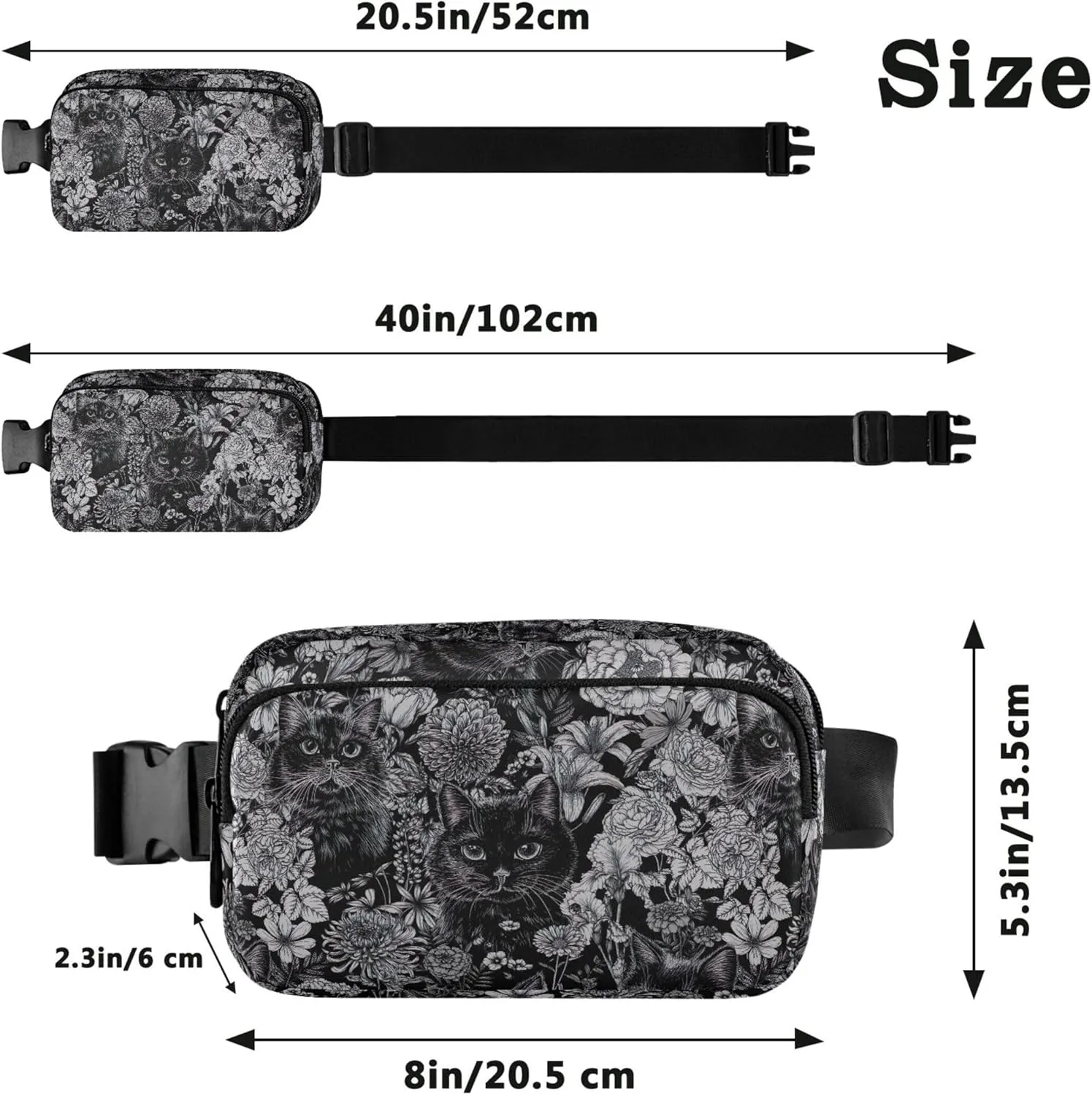 Grey Floral Black Cats Women Fanny Pack Waterproof Belt Bag Hip Pouch Funky Travel Waist Bag