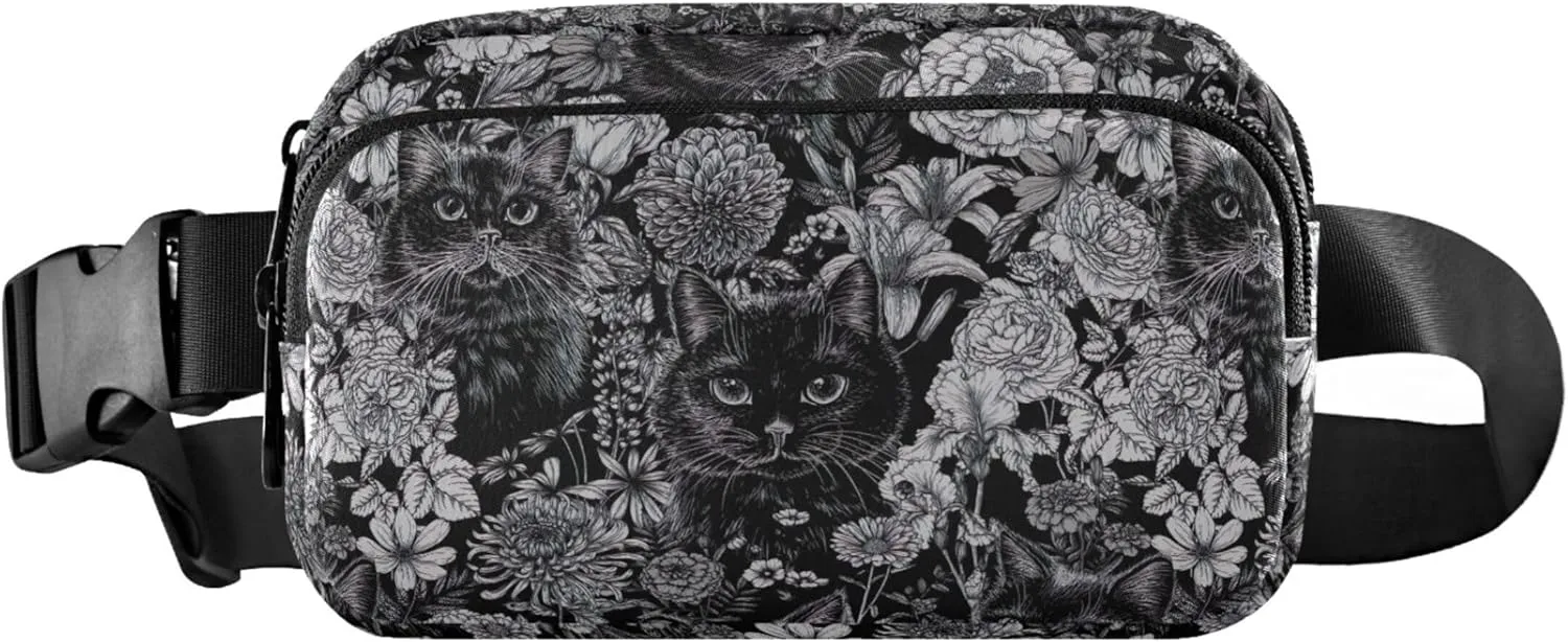 Grey Floral Black Cats Women Fanny Pack Waterproof Belt Bag Hip Pouch Funky Travel Waist Bag