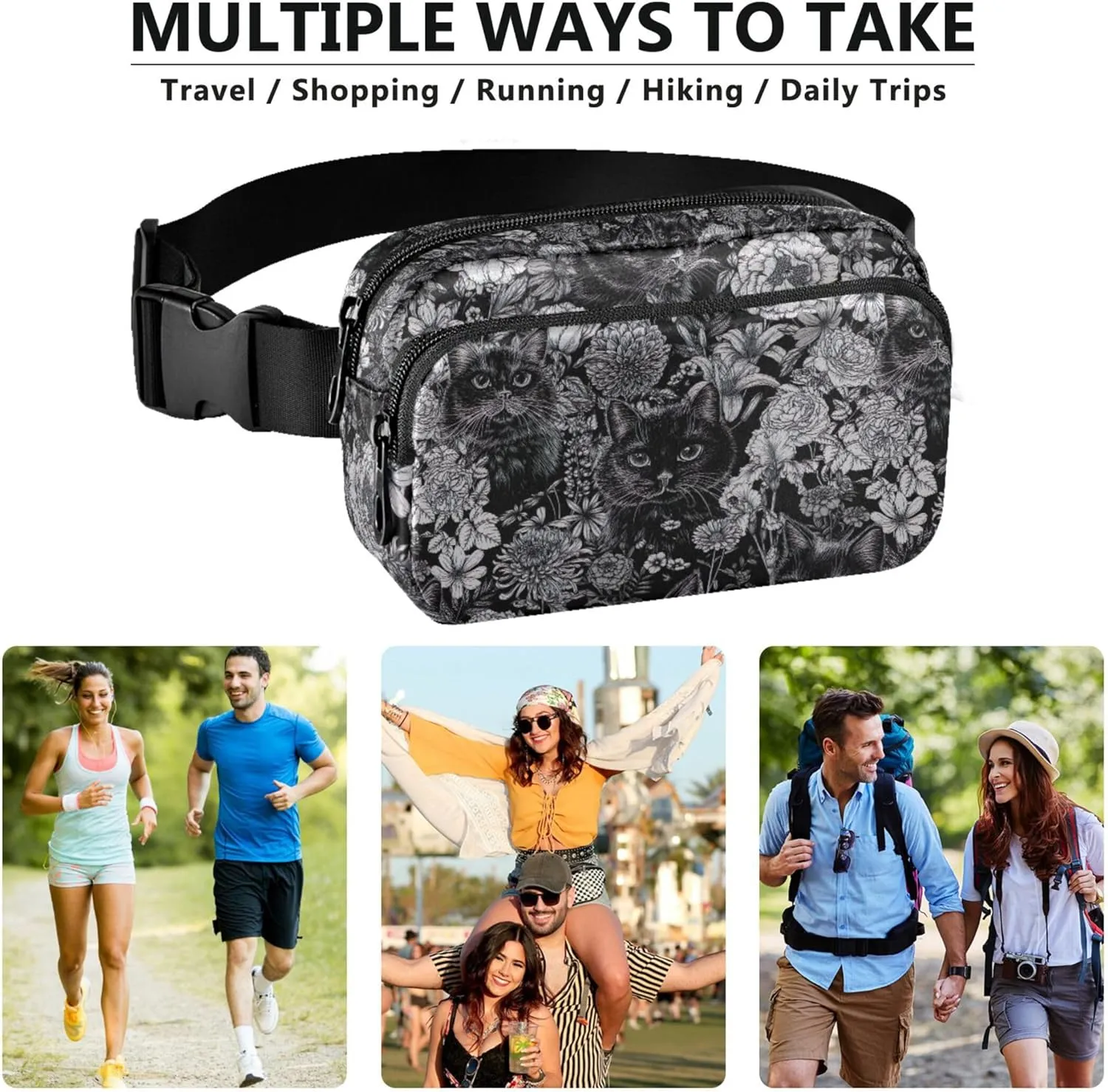 Grey Floral Black Cats Women Fanny Pack Waterproof Belt Bag Hip Pouch Funky Travel Waist Bag