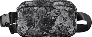 Grey Floral Black Cats Women Fanny Pack Waterproof Belt Bag Hip Pouch Funky Travel Waist Bag