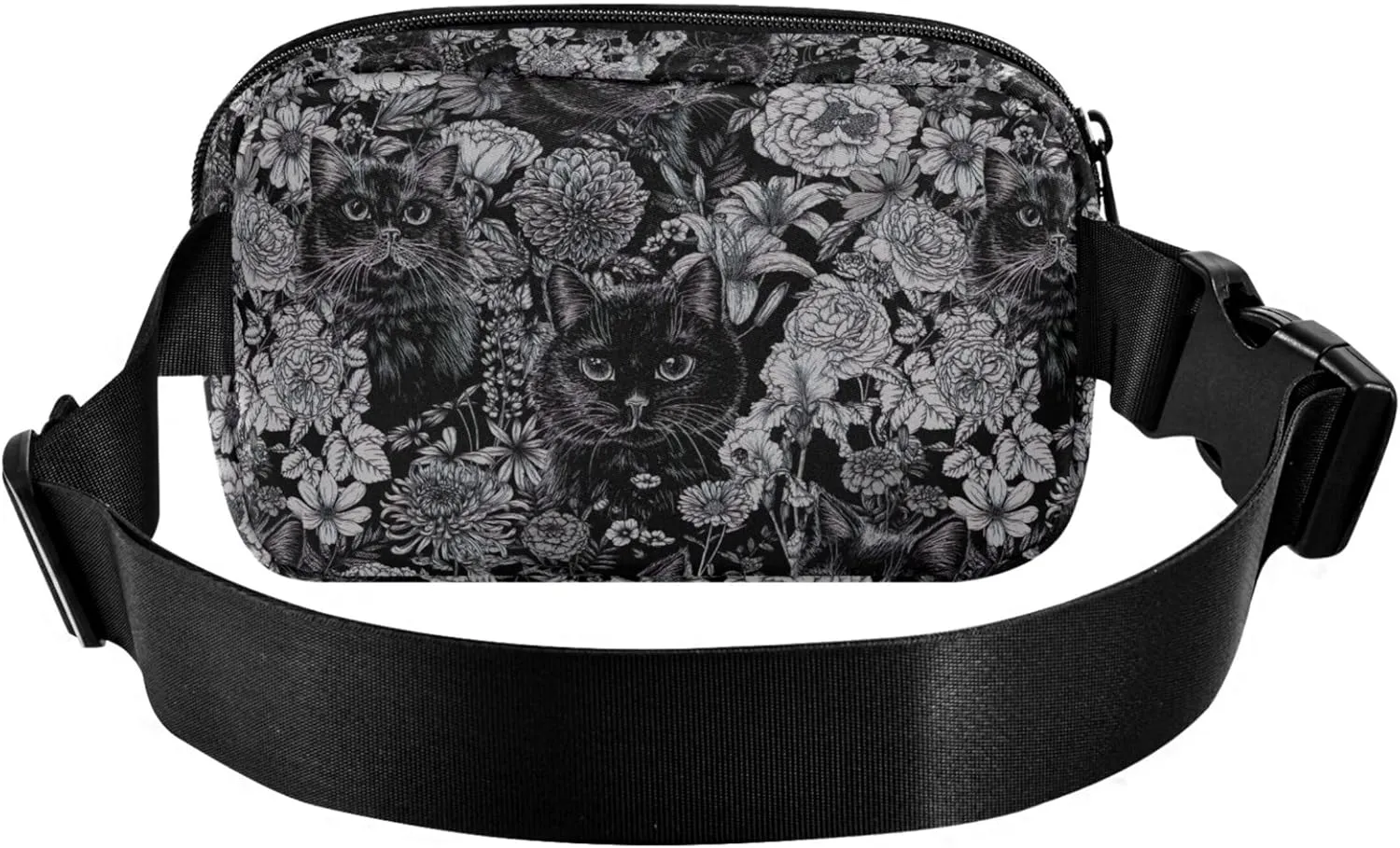 Grey Floral Black Cats Women Fanny Pack Waterproof Belt Bag Hip Pouch Funky Travel Waist Bag