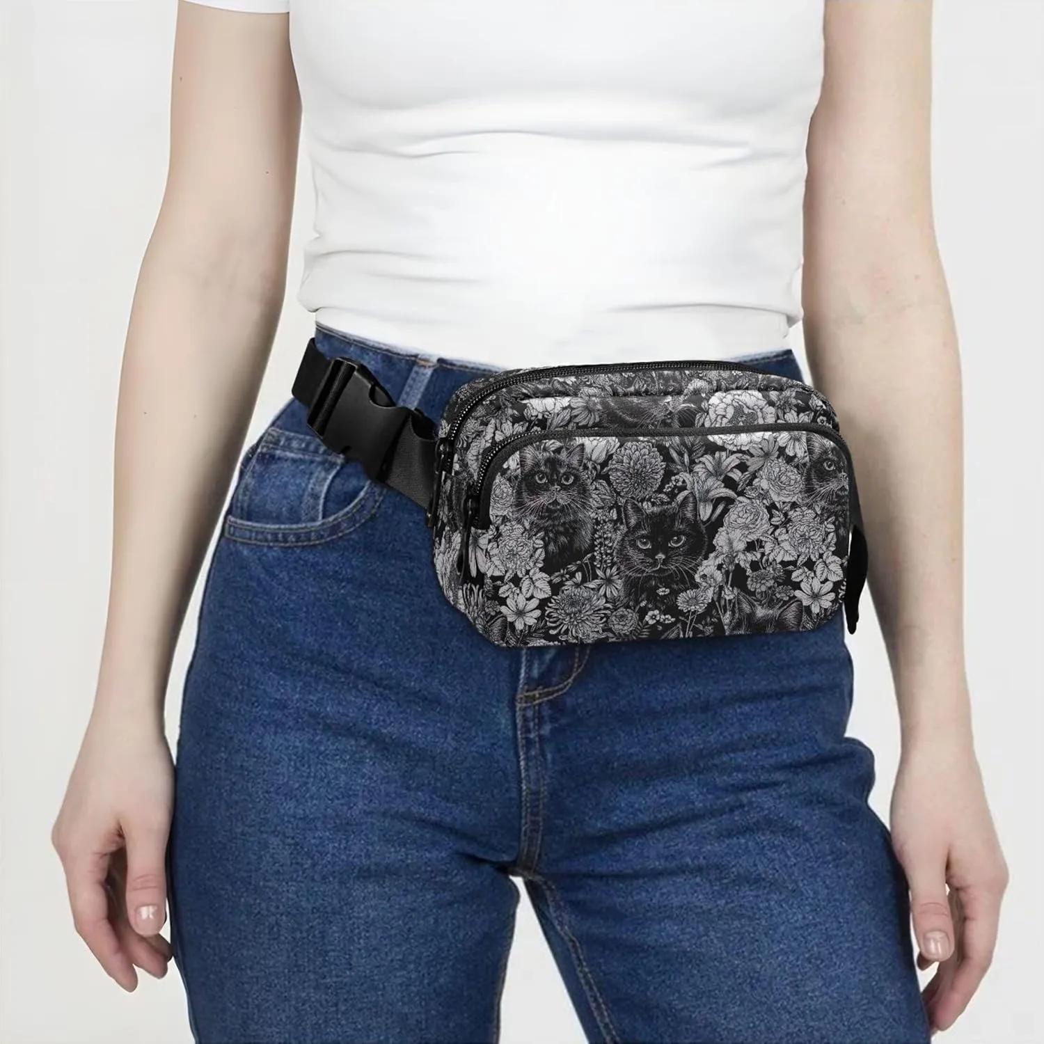 Grey Floral Black Cats Women Fanny Pack Waterproof Belt Bag Hip Pouch Funky Travel Waist Bag