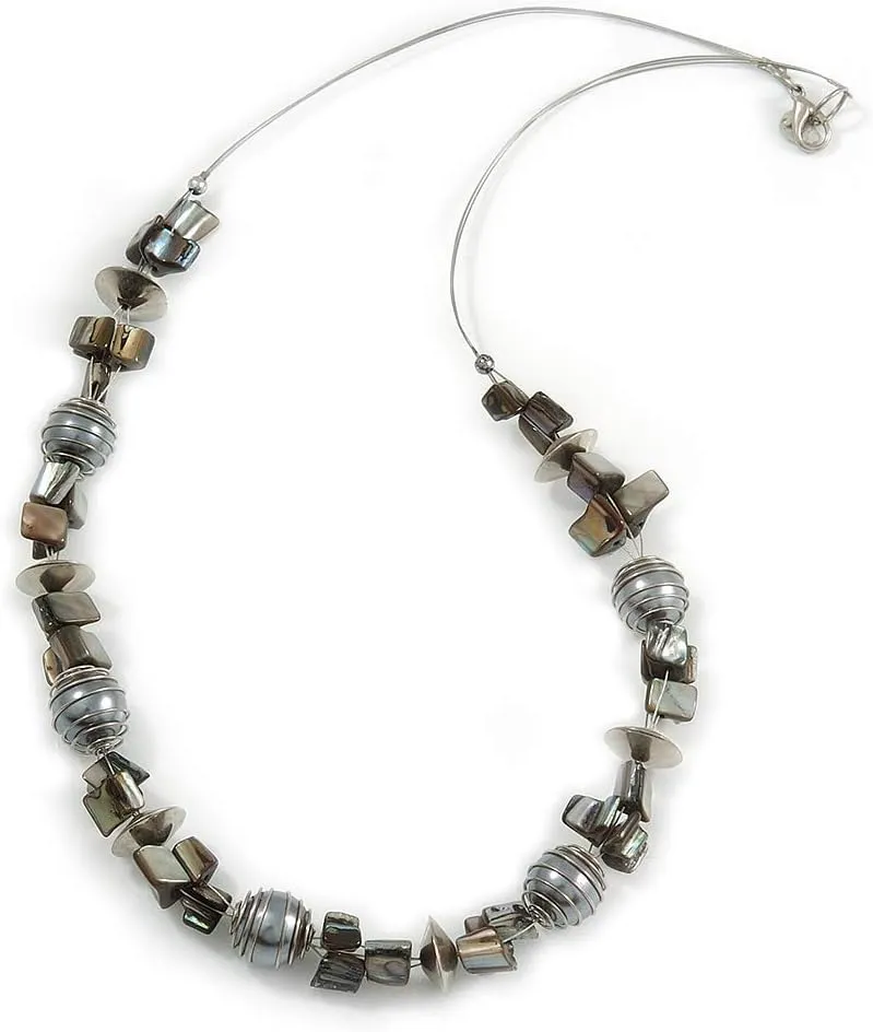 Grey Shell Nugget, Glass Bead Wire Necklace in Silver Tone - 60cm L