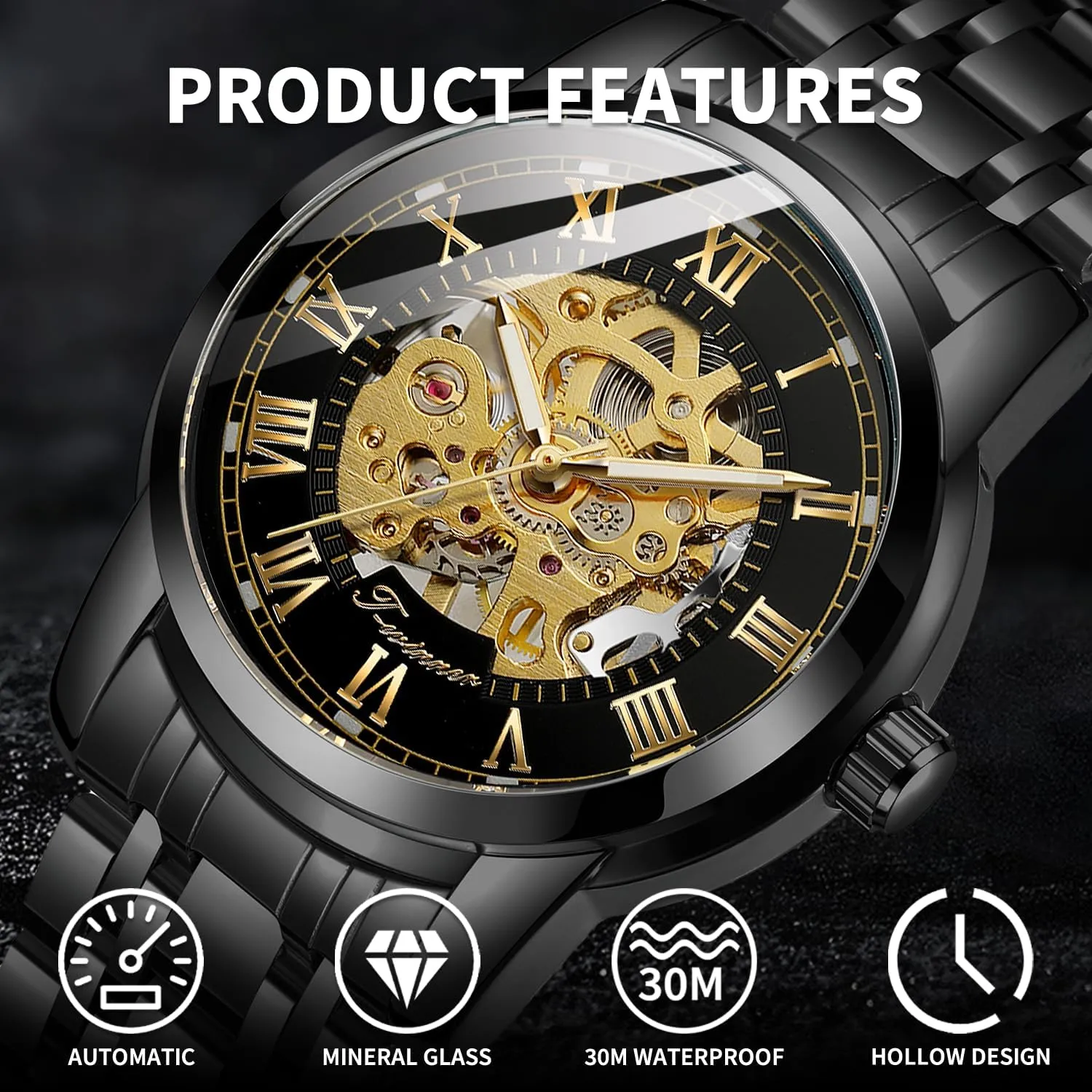 Gute Mens Watches, Mechanical Skeleton Watches for Men with Luxury Big Face Waterproof Mens Wristwatch Analog Dress Stainless Steel Man Watch