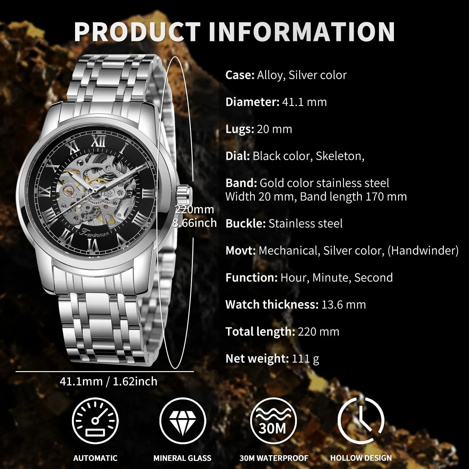 Gute Mens Watches, Mechanical Skeleton Watches for Men with Luxury Big Face Waterproof Mens Wristwatch Analog Dress Stainless Steel Man Watch