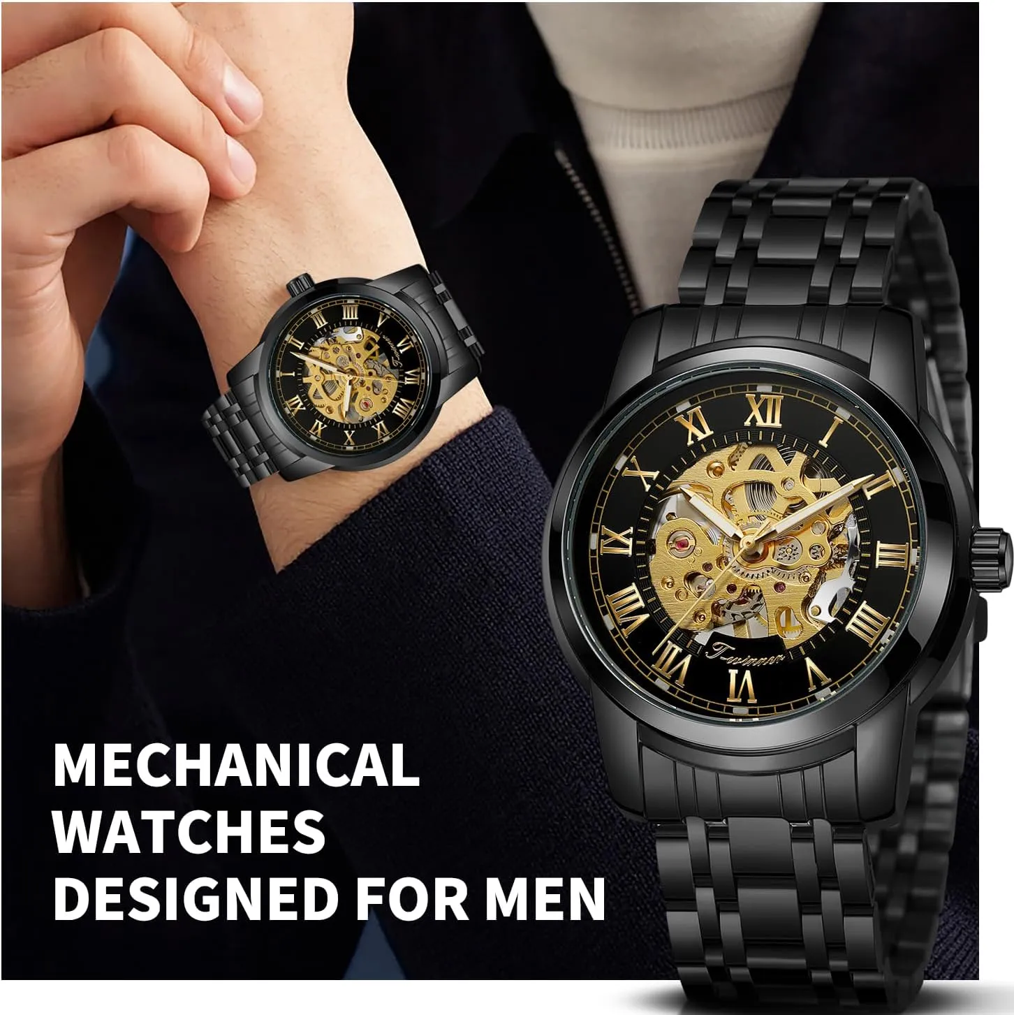 Gute Mens Watches, Mechanical Skeleton Watches for Men with Luxury Big Face Waterproof Mens Wristwatch Analog Dress Stainless Steel Man Watch