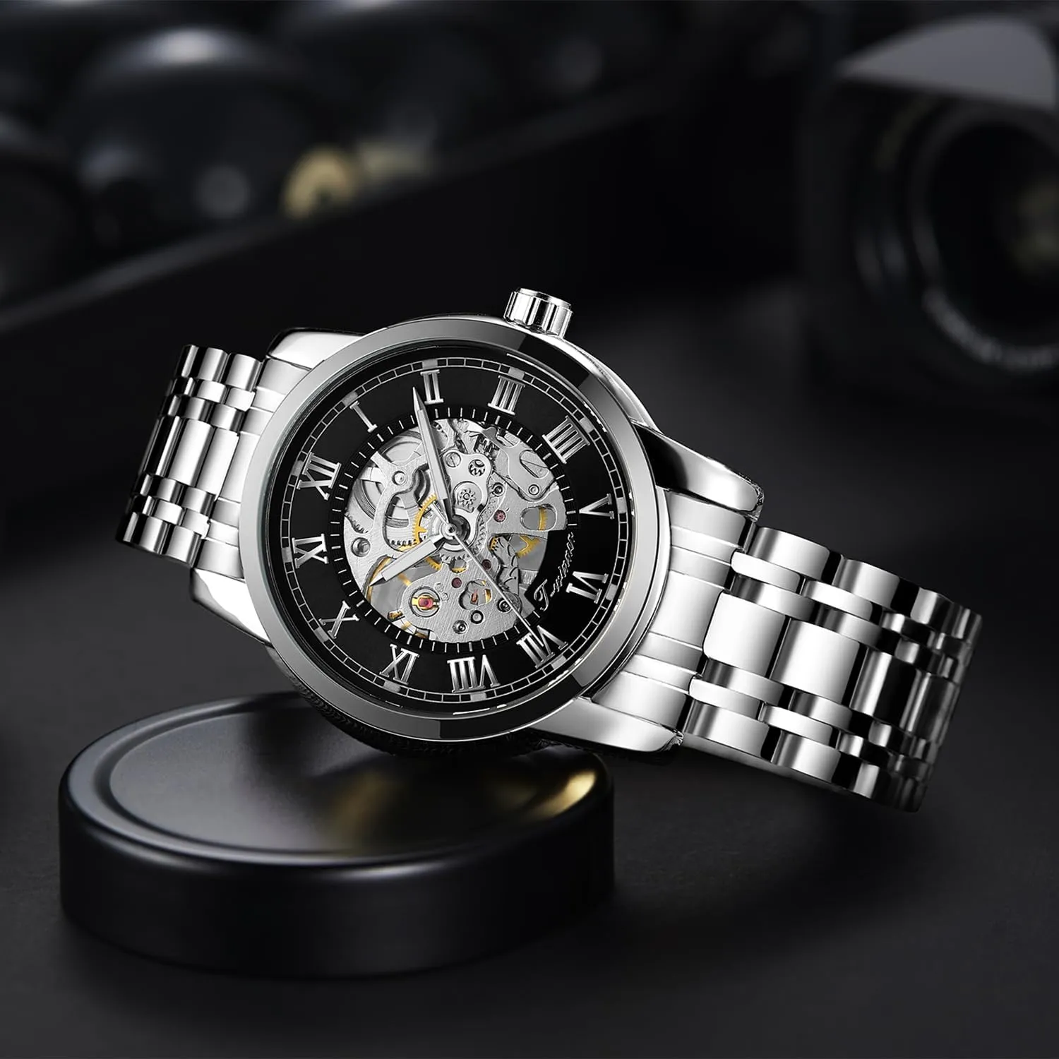 Gute Mens Watches, Mechanical Skeleton Watches for Men with Luxury Big Face Waterproof Mens Wristwatch Analog Dress Stainless Steel Man Watch