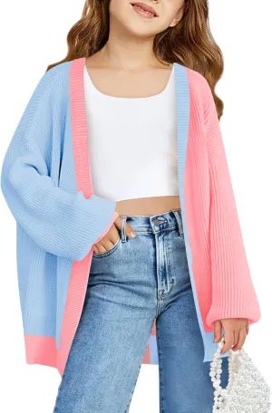Haloumoning Girls Oversized Batwing Sleeve Cardigan Sweaters Kids Fashion Open Front Color Block Outerwear