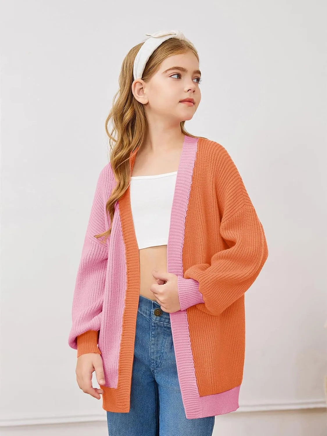 Haloumoning Girls Oversized Batwing Sleeve Cardigan Sweaters Kids Fashion Open Front Color Block Outerwear
