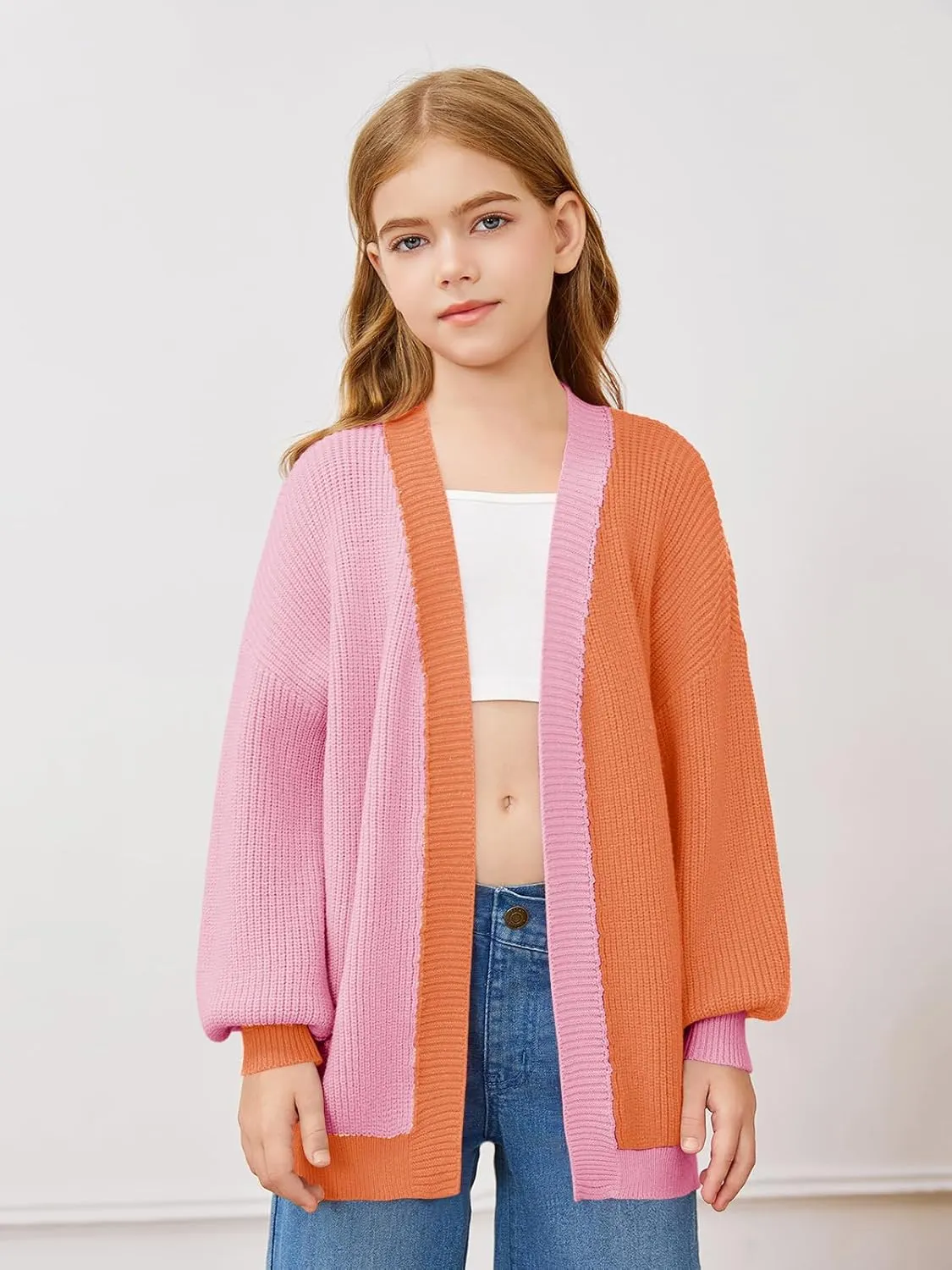 Haloumoning Girls Oversized Batwing Sleeve Cardigan Sweaters Kids Fashion Open Front Color Block Outerwear