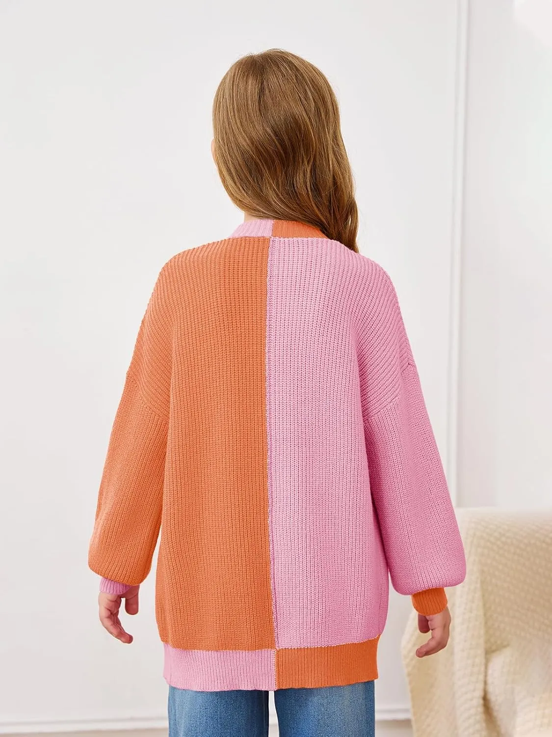 Haloumoning Girls Oversized Batwing Sleeve Cardigan Sweaters Kids Fashion Open Front Color Block Outerwear