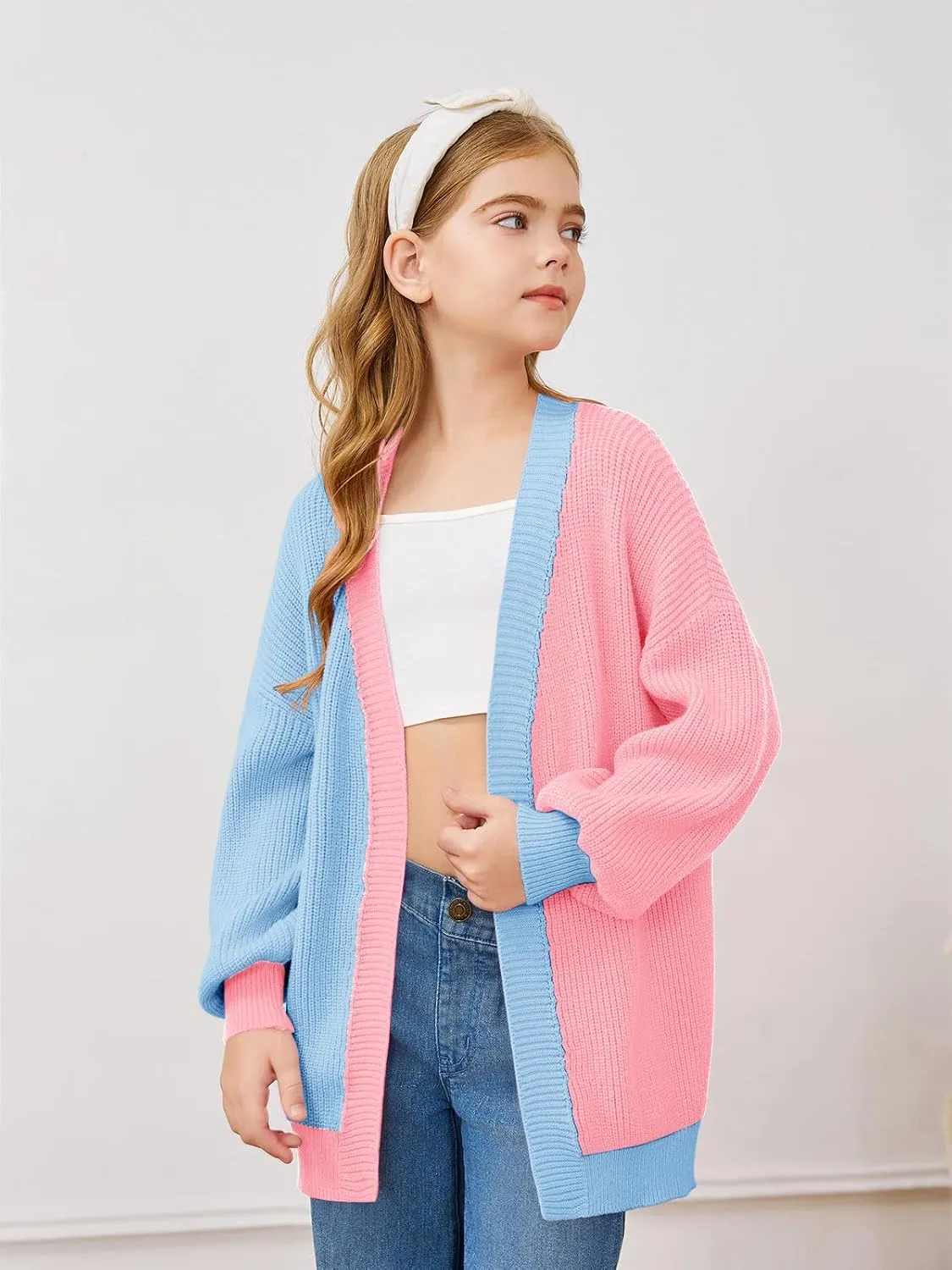 Haloumoning Girls Oversized Batwing Sleeve Cardigan Sweaters Kids Fashion Open Front Color Block Outerwear