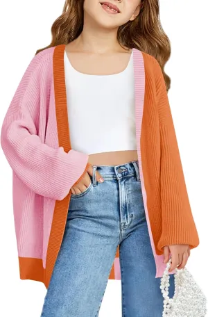 Haloumoning Girls Oversized Batwing Sleeve Cardigan Sweaters Kids Fashion Open Front Color Block Outerwear