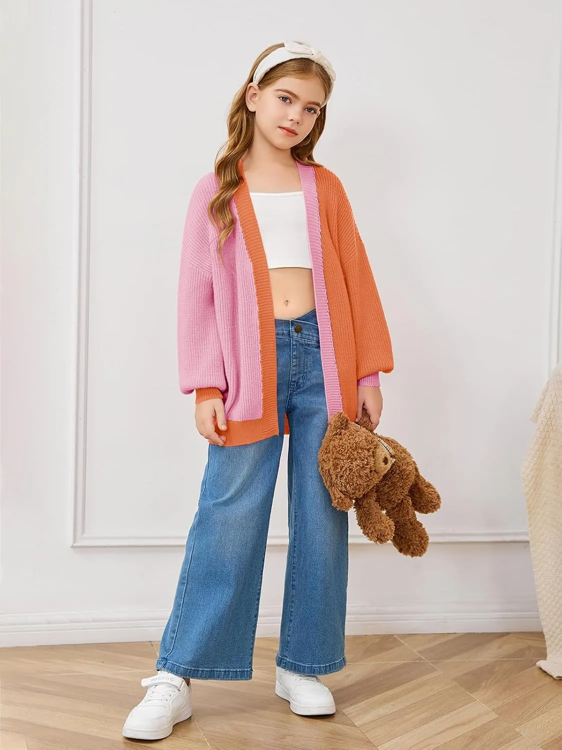 Haloumoning Girls Oversized Batwing Sleeve Cardigan Sweaters Kids Fashion Open Front Color Block Outerwear