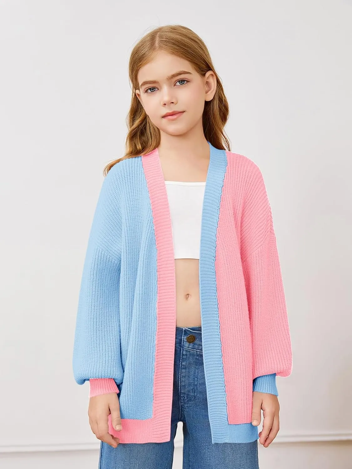 Haloumoning Girls Oversized Batwing Sleeve Cardigan Sweaters Kids Fashion Open Front Color Block Outerwear