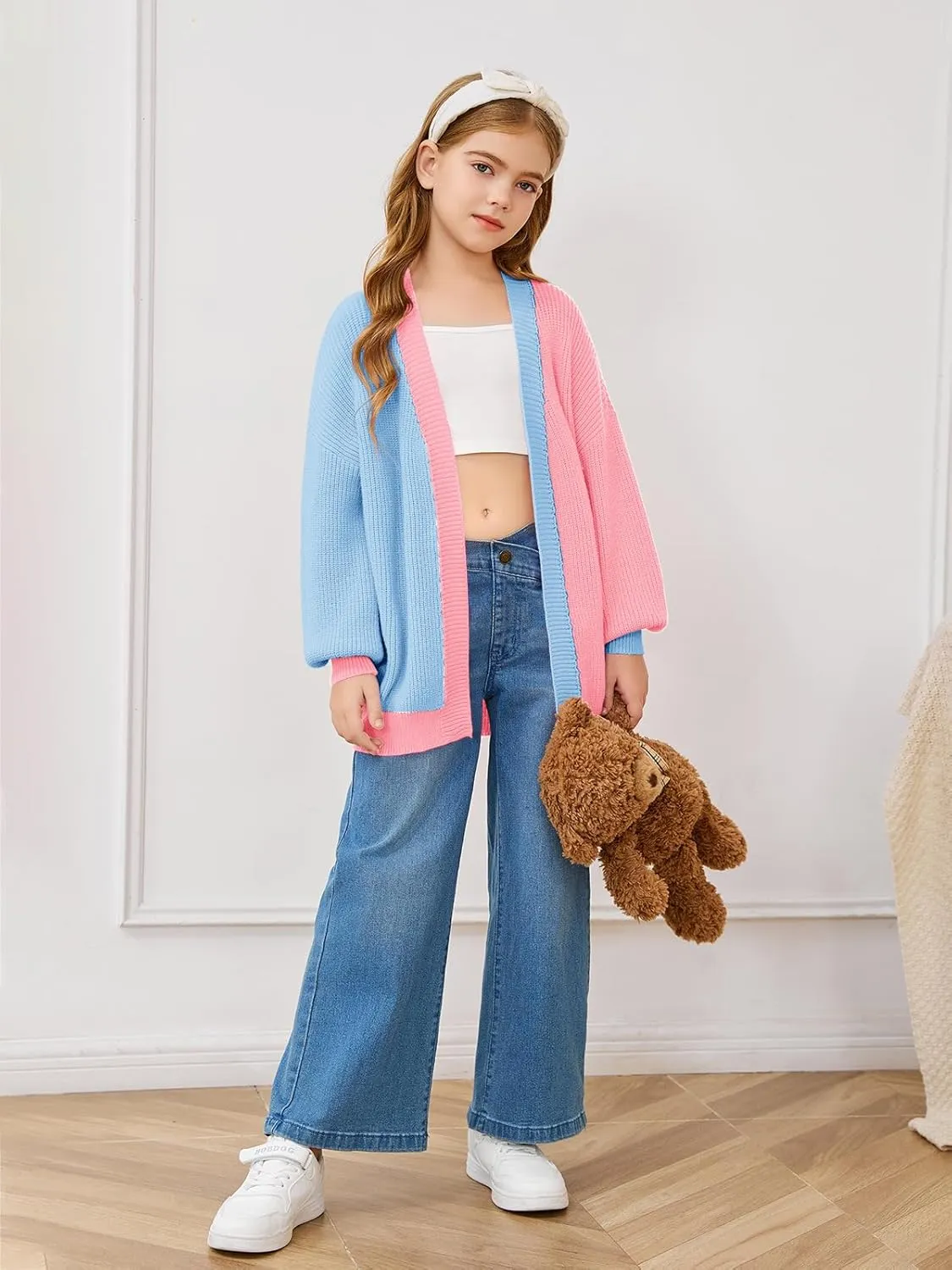 Haloumoning Girls Oversized Batwing Sleeve Cardigan Sweaters Kids Fashion Open Front Color Block Outerwear