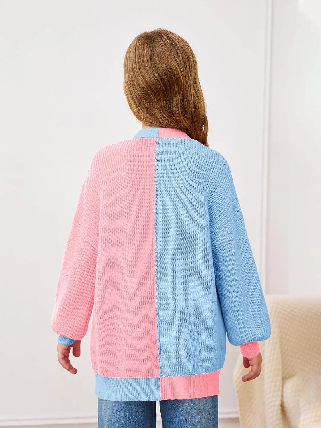 Haloumoning Girls Oversized Batwing Sleeve Cardigan Sweaters Kids Fashion Open Front Color Block Outerwear