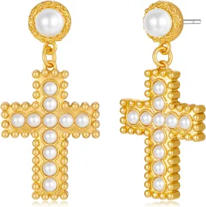 Hammered Gold Cross Earrings for Women Trendy Vintage Faith Pearl Cross Dangle Drop Earrings Fashion Jewelry Accessories