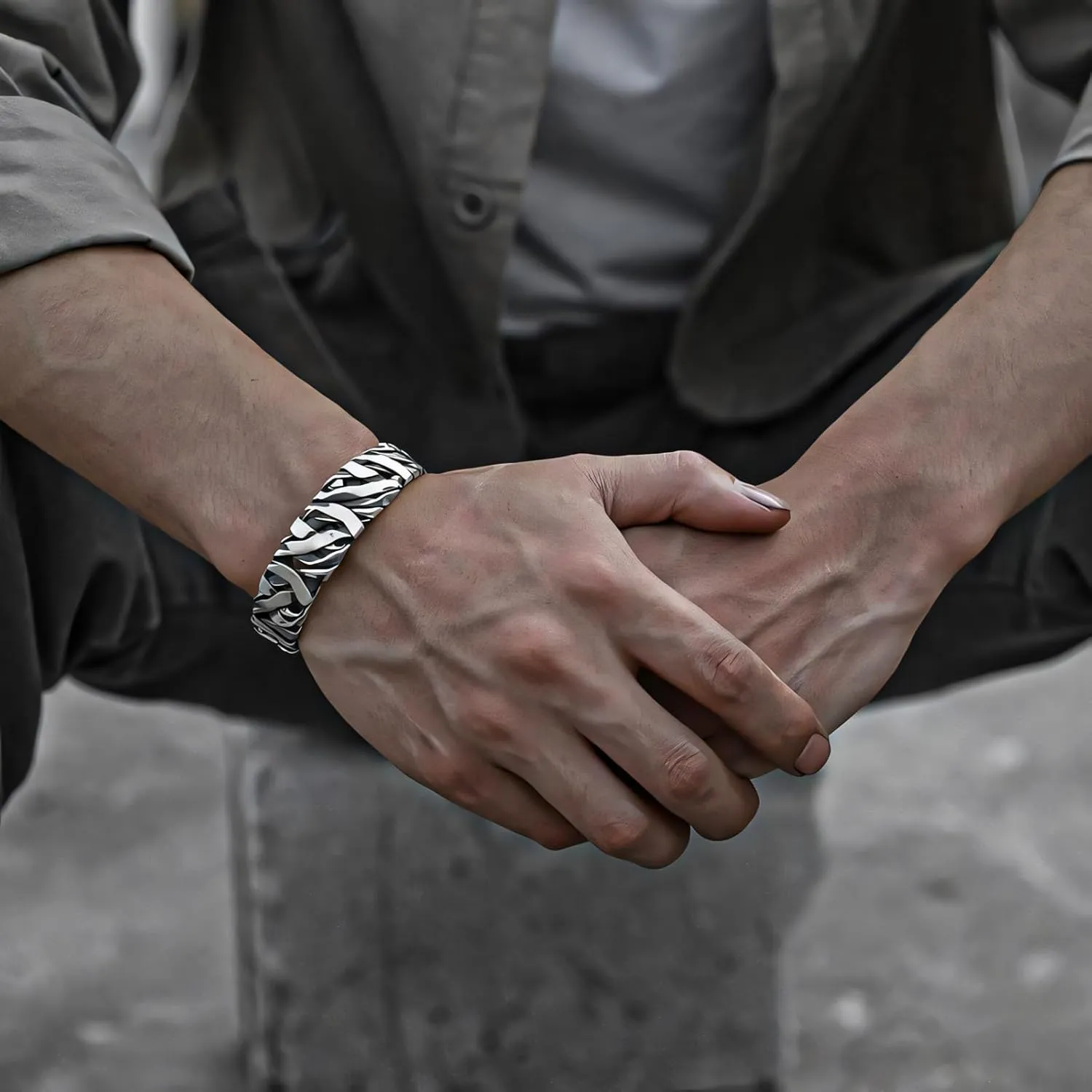 Handmade 925 Sterling Silver Bangle Bracelet For Men Women Wide Chunky Bangle Bracelet Irregular Cuff Bracelet Open Vintage Statement Cuff Bangle Bracelet Gift For Father's Day & Birthday