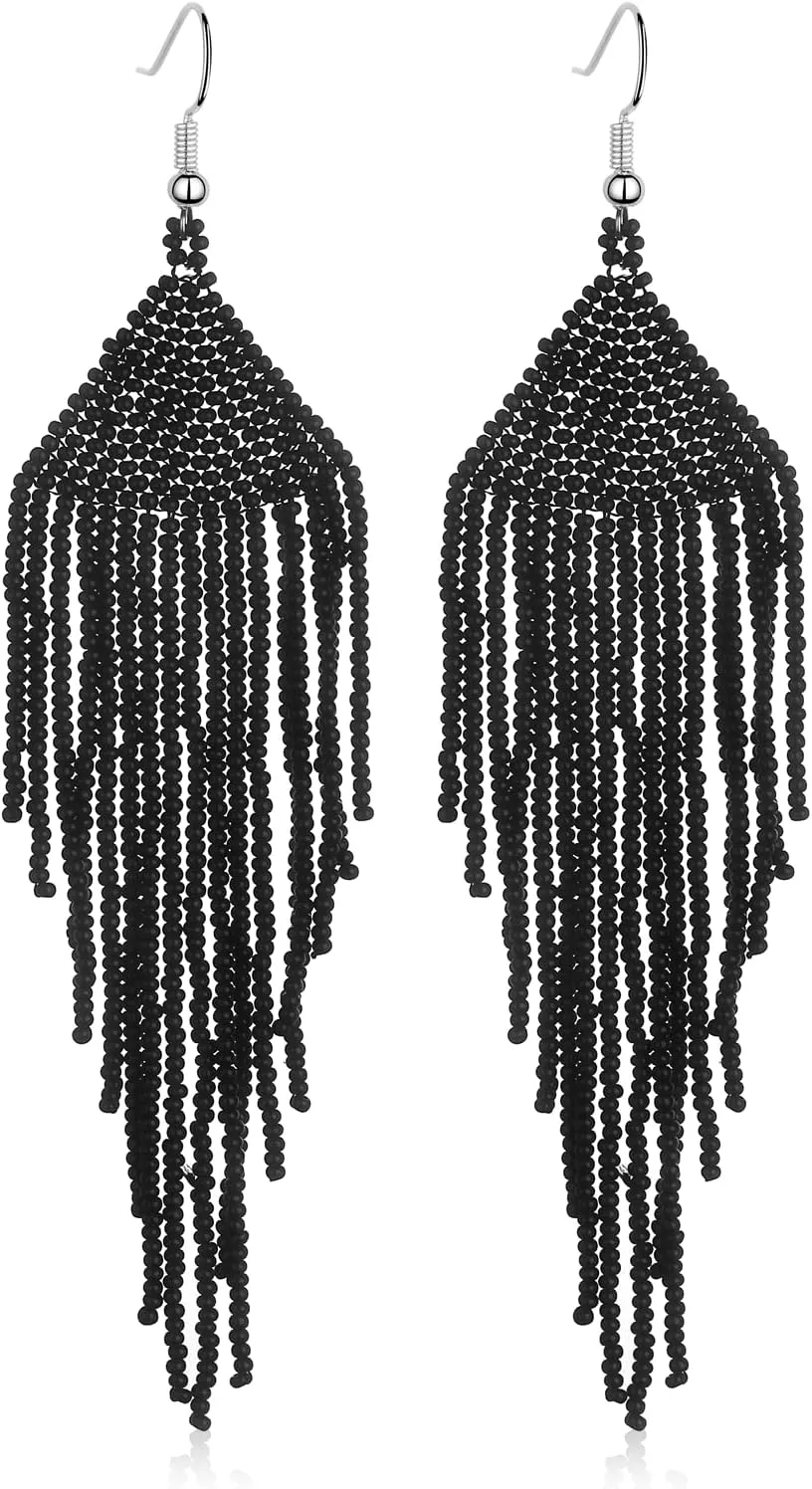 Handmade Beaded Tassel Earrings - Boho Drop Fringe Earrings for Women, Native American Indian Earrings