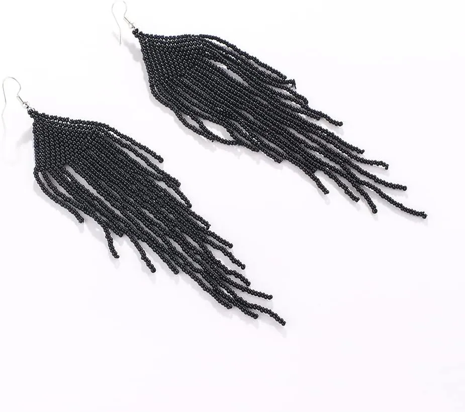 Handmade Beaded Tassel Earrings - Boho Drop Fringe Earrings for Women, Native American Indian Earrings