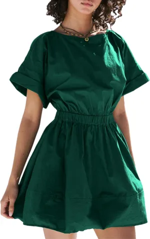 HangNiFang 2025 Womens Mini Summer Dresses Flowy Open Back Elastic Waist Sundress with Pockets