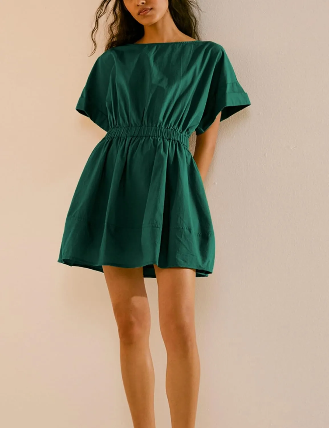 HangNiFang 2025 Womens Mini Summer Dresses Flowy Open Back Elastic Waist Sundress with Pockets