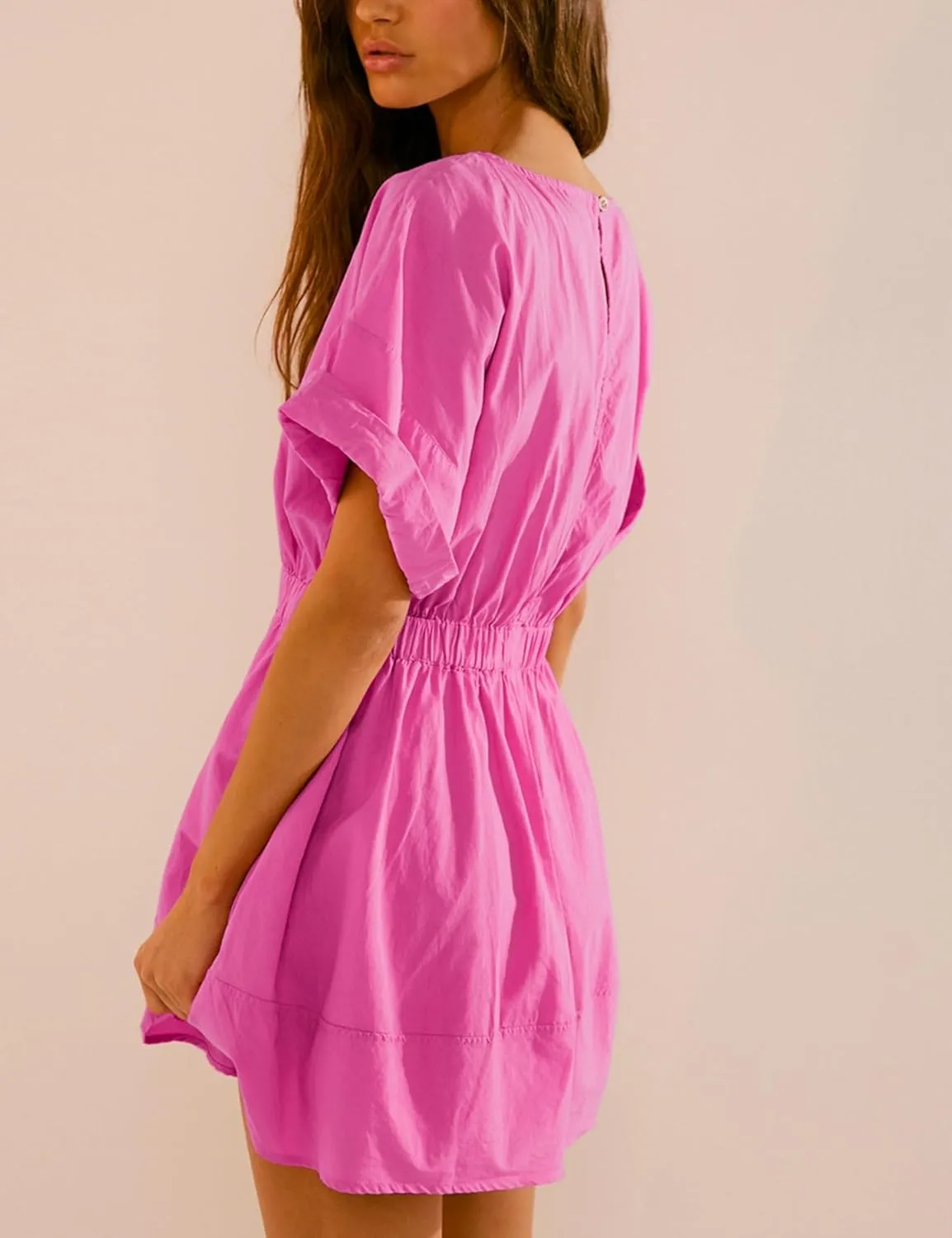 HangNiFang 2025 Womens Mini Summer Dresses Flowy Open Back Elastic Waist Sundress with Pockets