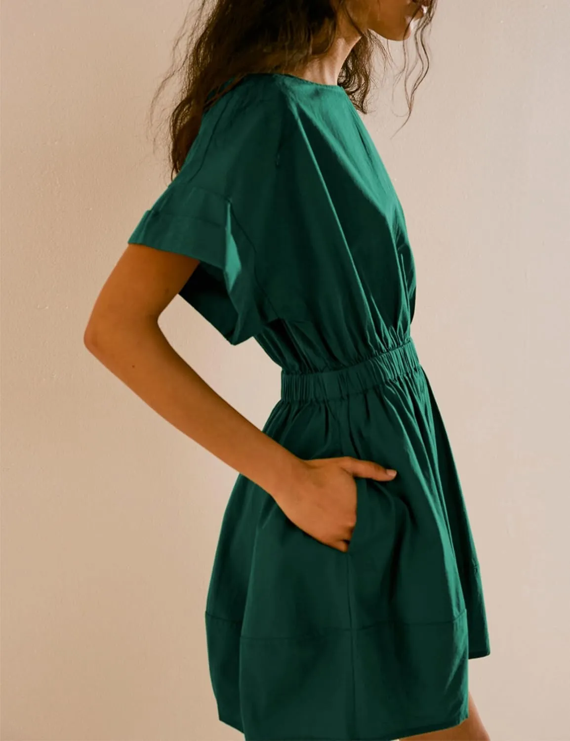 HangNiFang 2025 Womens Mini Summer Dresses Flowy Open Back Elastic Waist Sundress with Pockets