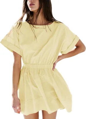 HangNiFang 2025 Womens Mini Summer Dresses Flowy Open Back Elastic Waist Sundress with Pockets