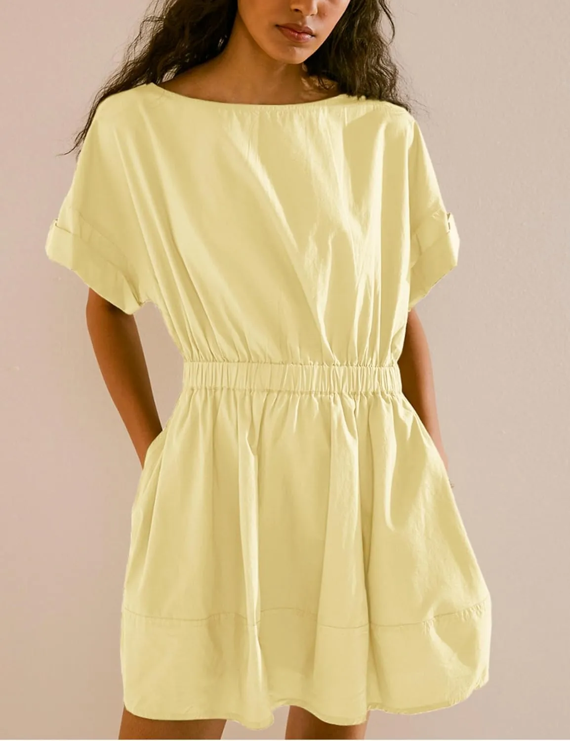 HangNiFang 2025 Womens Mini Summer Dresses Flowy Open Back Elastic Waist Sundress with Pockets