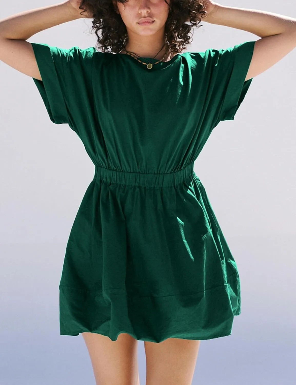 HangNiFang 2025 Womens Mini Summer Dresses Flowy Open Back Elastic Waist Sundress with Pockets