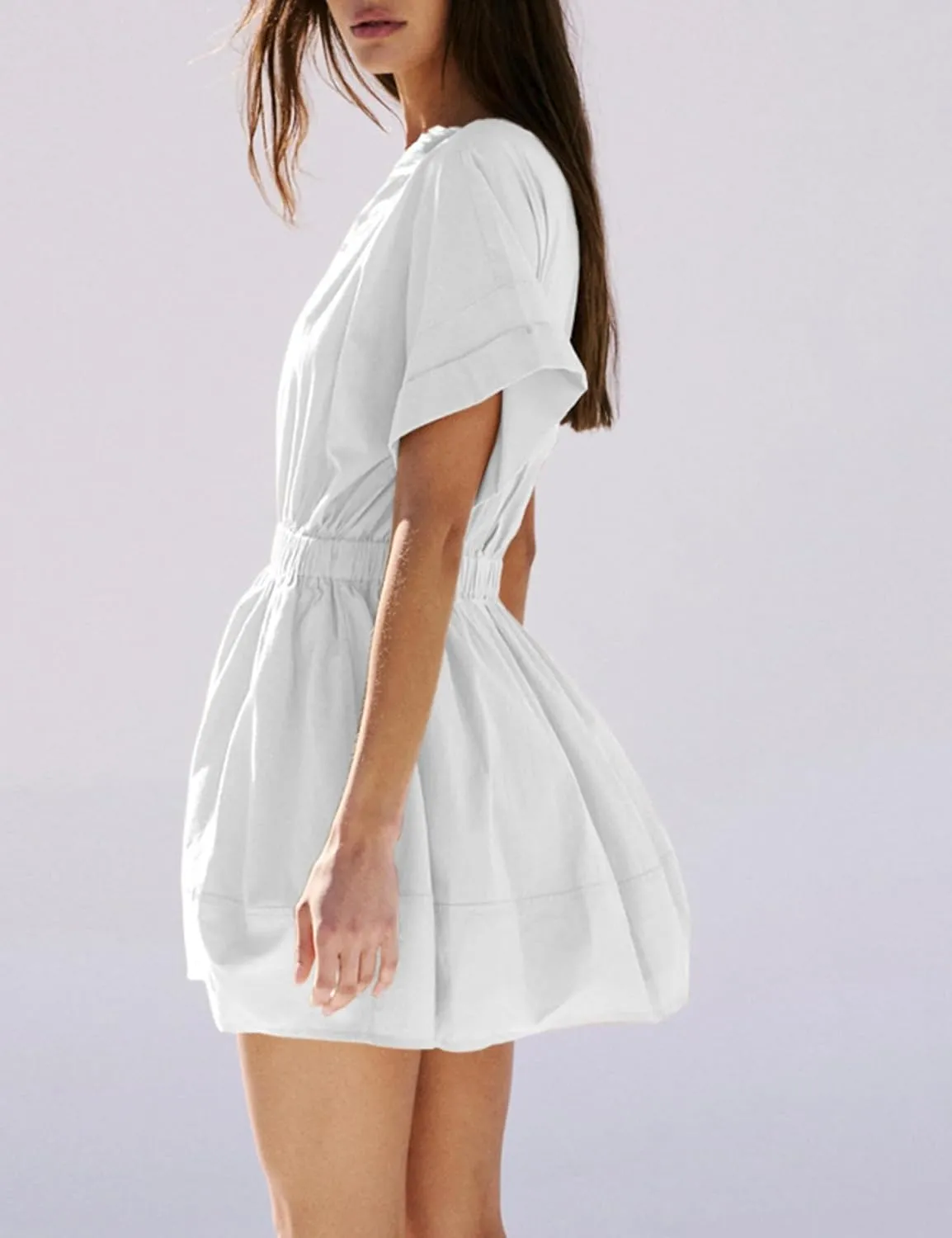 HangNiFang 2025 Womens Mini Summer Dresses Flowy Open Back Elastic Waist Sundress with Pockets