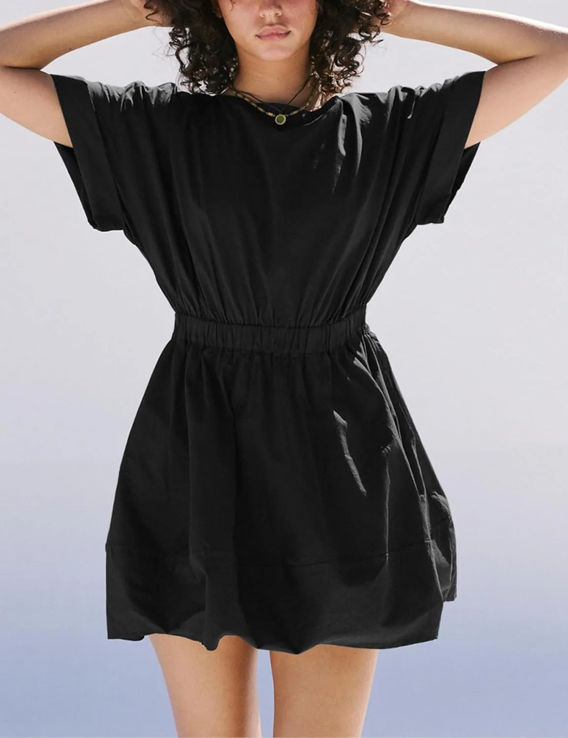 HangNiFang 2025 Womens Mini Summer Dresses Flowy Open Back Elastic Waist Sundress with Pockets