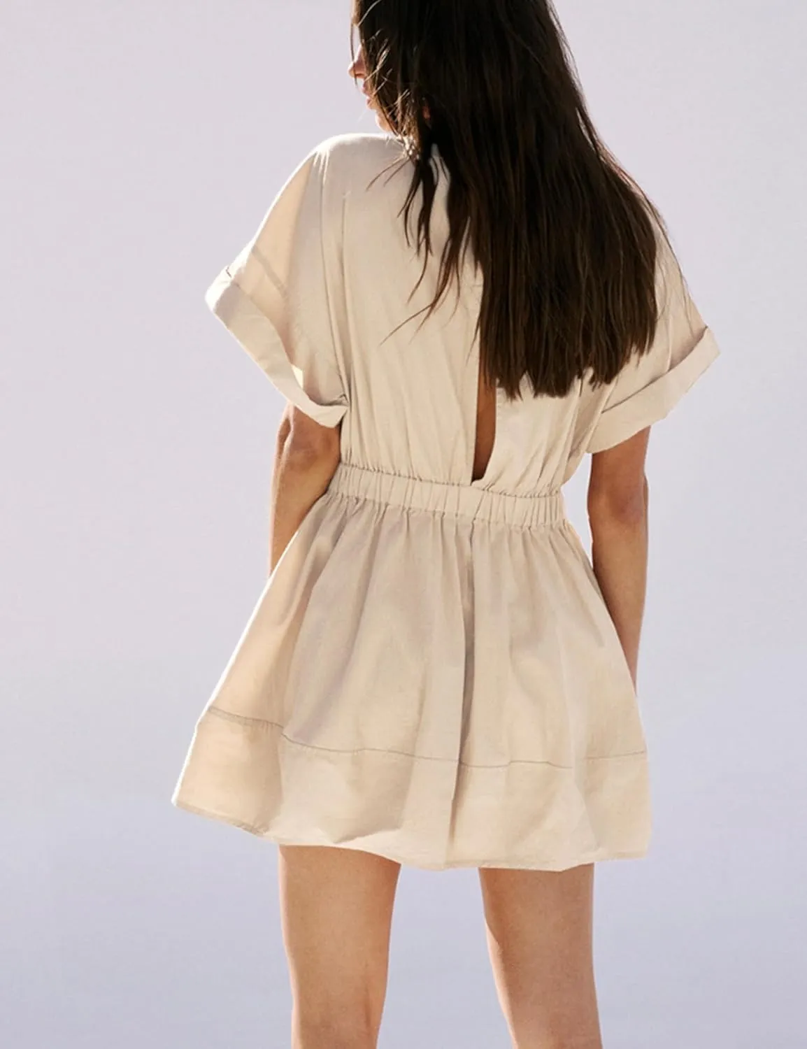 HangNiFang 2025 Womens Mini Summer Dresses Flowy Open Back Elastic Waist Sundress with Pockets