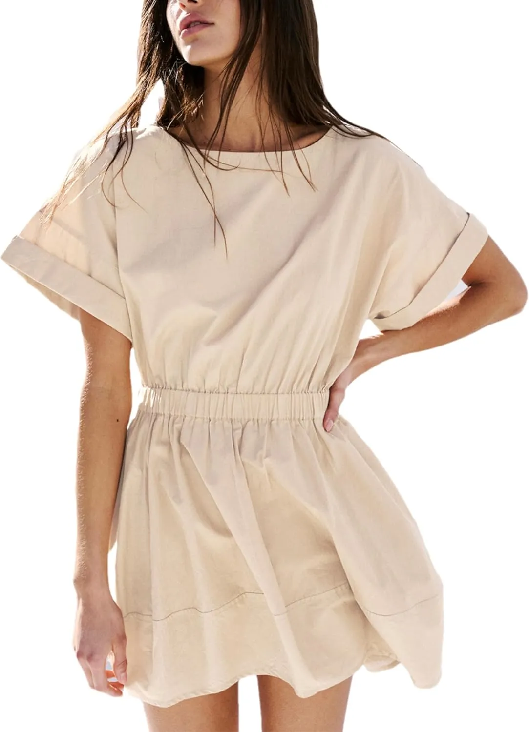 HangNiFang 2025 Womens Mini Summer Dresses Flowy Open Back Elastic Waist Sundress with Pockets