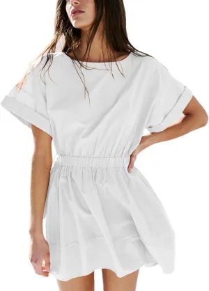 HangNiFang 2025 Womens Mini Summer Dresses Flowy Open Back Elastic Waist Sundress with Pockets
