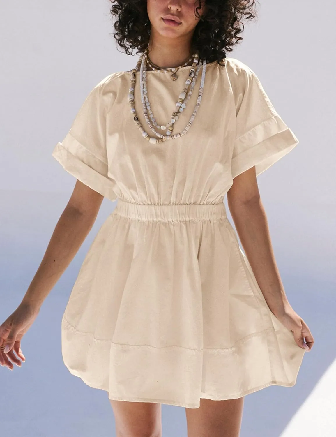 HangNiFang 2025 Womens Mini Summer Dresses Flowy Open Back Elastic Waist Sundress with Pockets