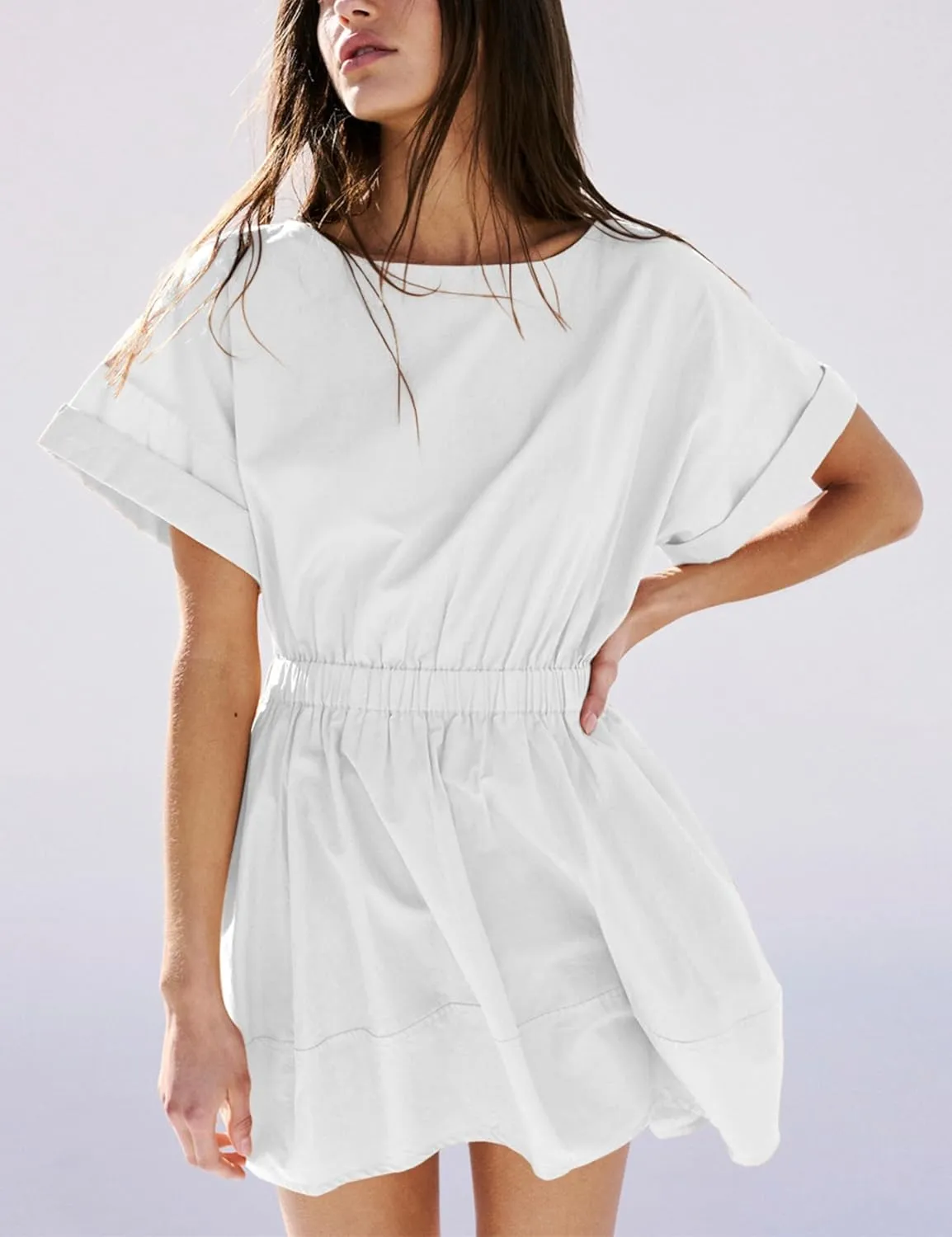 HangNiFang 2025 Womens Mini Summer Dresses Flowy Open Back Elastic Waist Sundress with Pockets