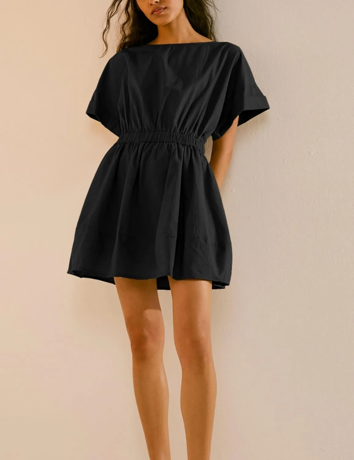 HangNiFang 2025 Womens Mini Summer Dresses Flowy Open Back Elastic Waist Sundress with Pockets