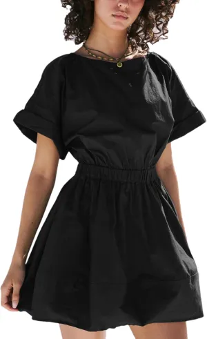 HangNiFang 2025 Womens Mini Summer Dresses Flowy Open Back Elastic Waist Sundress with Pockets