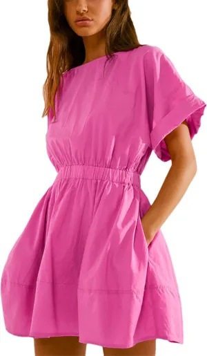 HangNiFang 2025 Womens Mini Summer Dresses Flowy Open Back Elastic Waist Sundress with Pockets
