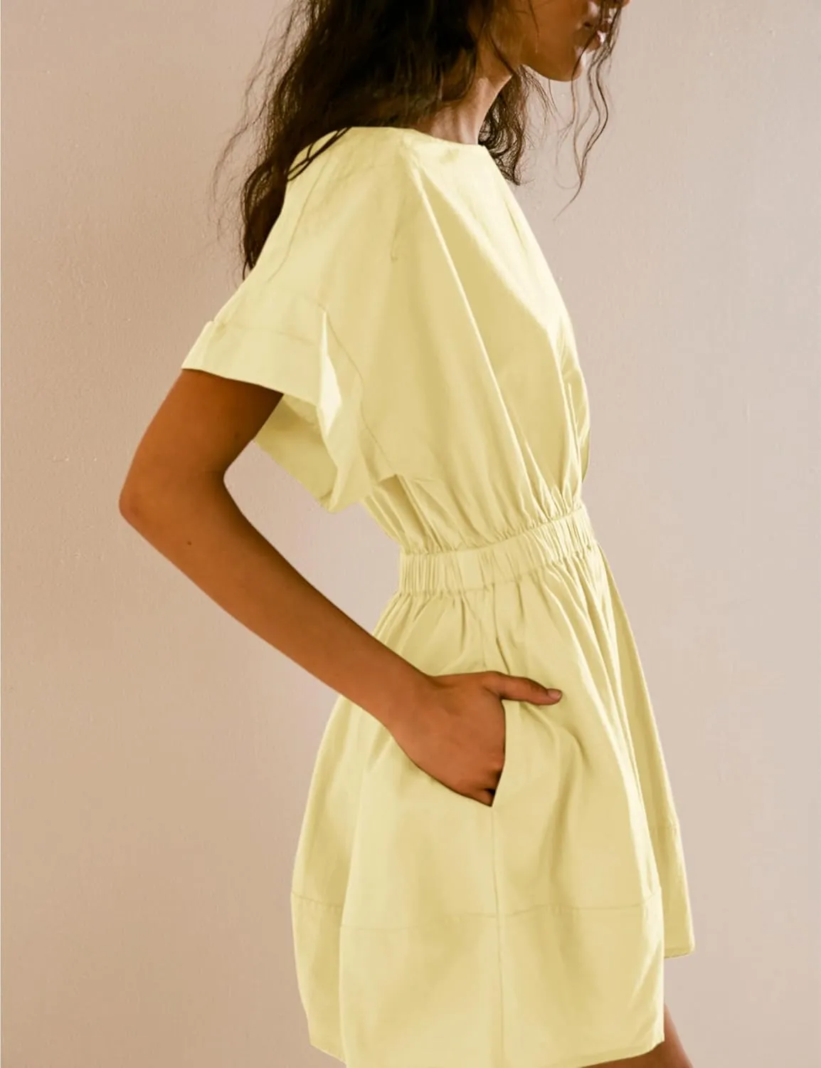 HangNiFang 2025 Womens Mini Summer Dresses Flowy Open Back Elastic Waist Sundress with Pockets
