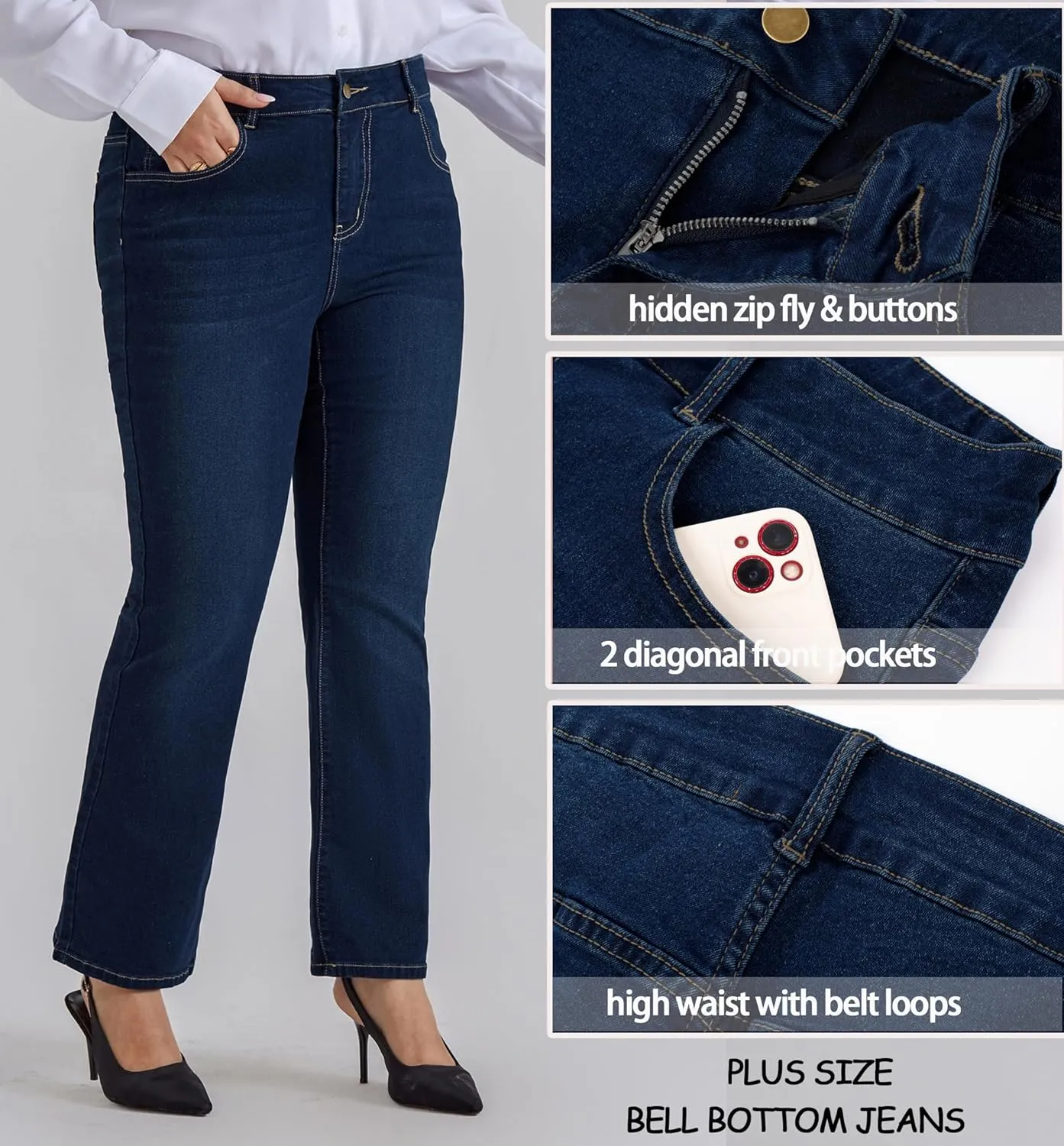 Hanna Nikole Women's Plus Size Wide Flared Jeans High Waisted Stretchy Bell Bottom Denim Jeans with Pockets
